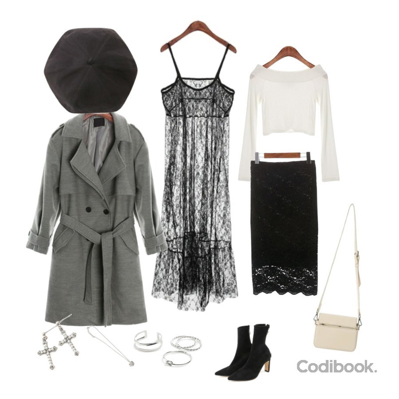 ROCOSIX romance midi SK,ROCOSIX snow bustier OPS,ROCOSIX 루이 오프 크롭 티셔츠등을 매치한 코디