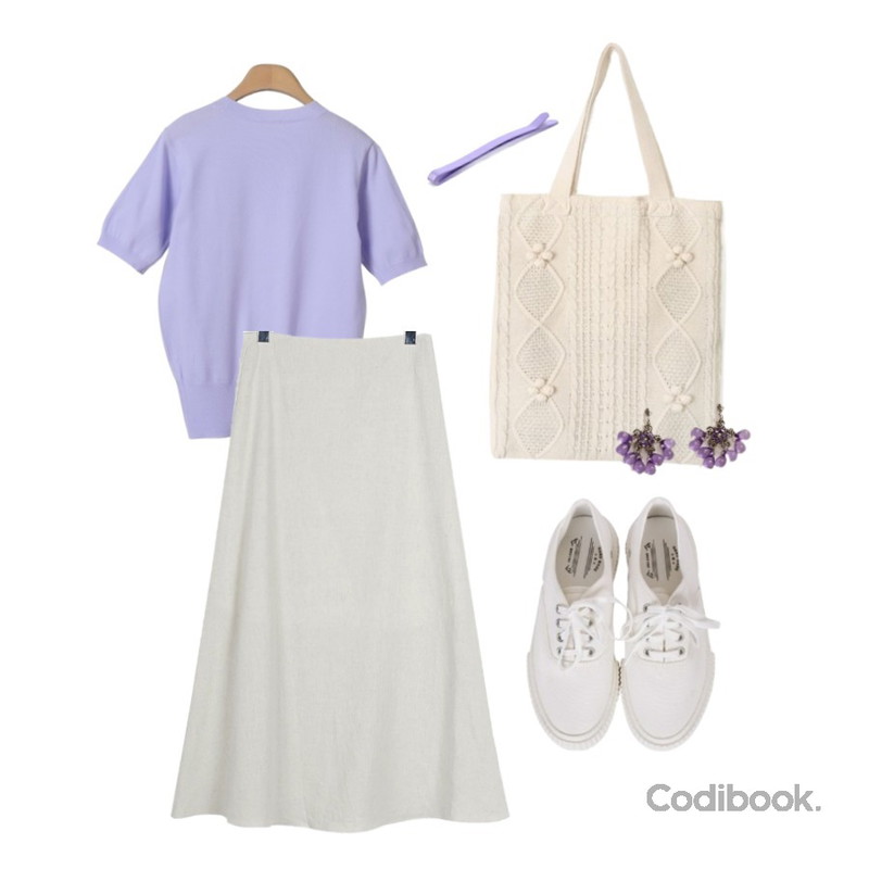 daily monday Pure linen flare skirt,OBBANG STYLE 모나 라운드 5부 니트티,biznshoe Couple sneakers (4color)등을 매치한 코디