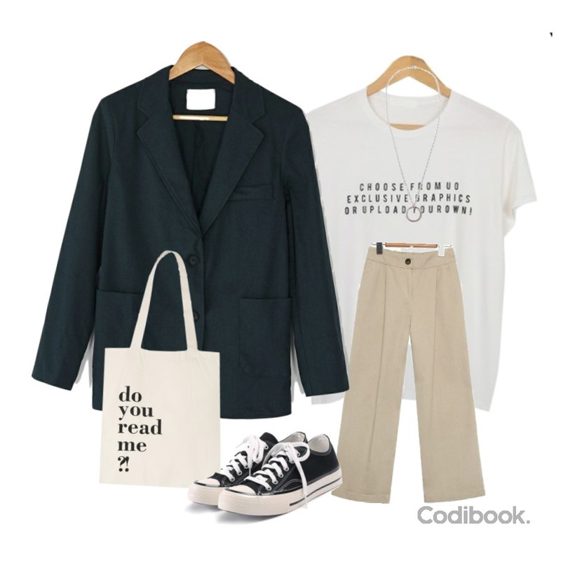 common unique [BOTTOM] STRAIGHT WIDE COTTON PANTS,BANHARU two size basic linen jacket,AWAB 하이트레터링티셔츠등을 매치한 코디
