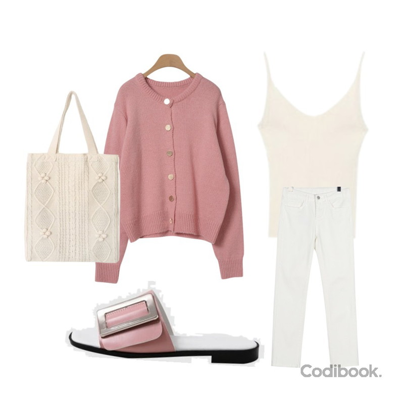 OBBANG STYLE 바닐라 골드버튼 라운드넥가디건,daily monday Tidy slim pants,MIXXMIX Sleeveless V- neck Top등을 매치한 코디
