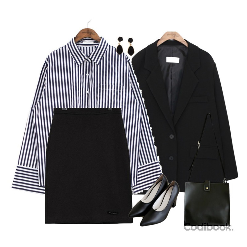 common unique [SKIRT] HAND MADE WOOL DAILY MIDI SKIRT,common unique [OUTER] DANDY OVER FIT JACKET,common unique [TOP] SHARP BOLD STRIPE CUFFS SHIRTS등을 매치한 코디