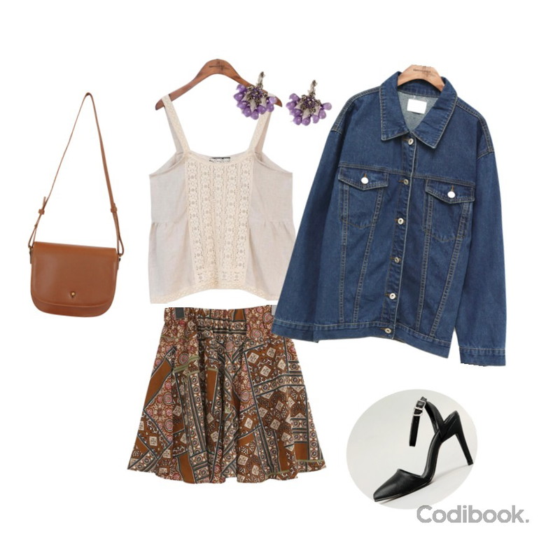 common unique [TOP] NATURAL LINEN LACE SLEEVELESS,common unique [SKIRT] COMELY 2 TYPE FLARE PANTS SKIRT,common unique [OUTER] DEEP 5 COLOR DENIM JACKET등을 매치한 코디