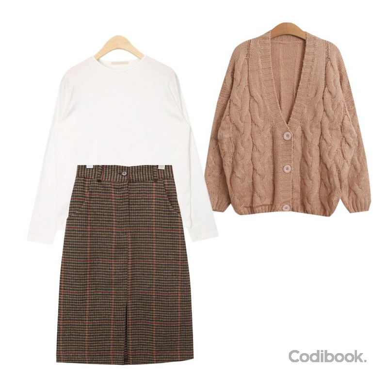 TODAY ME 미우 가디건,common unique [SKIRT] DEEP CHECK BANDING MIDI SKIRT,AIN basic wonder T등을 매치한 코디