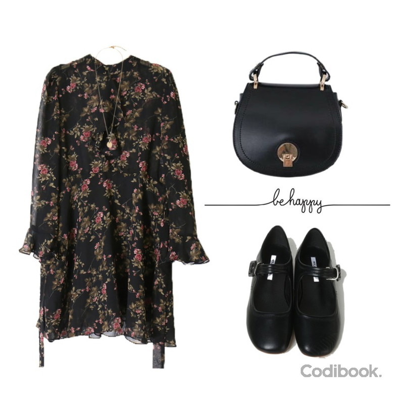 OBBANG STYLE 에그 메리제인 스트랩 슈즈,LOVELY SHOES 체르아 도트&크로스백,SOMEDAYS 플로럴 시스루 꽃원피스(미니)등을 매치한 코디