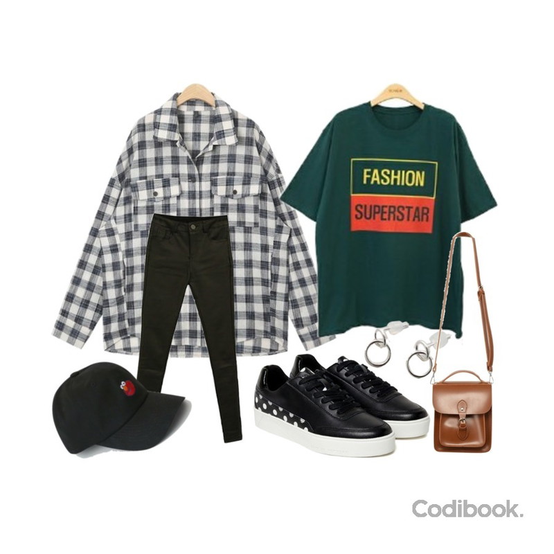 BLINGIT 슬림스판코팅스키니,BLINGIT 슈퍼스타오버핏박스티셔츠,AIN lohas check shirts등을 매치한 코디