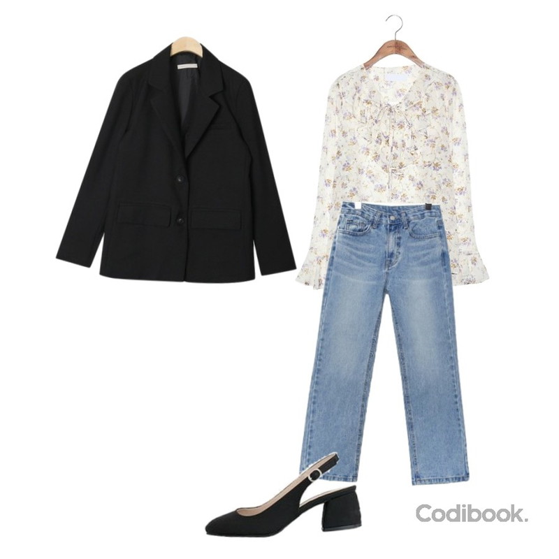 common unique [TOP] FREESIA CHIFFON FRILL TIE BLOUSE,AIN pony standard jacket,common unique [BOTTOM] HIGH SEMI BOOTS CUT DENIM PANTS등을 매치한 코디