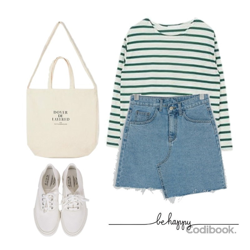 BANHARU unique unbalance denim skirt,biznshoe Couple sneakers (4color),MIXXMIX Daily Striped Top등을 매치한 코디