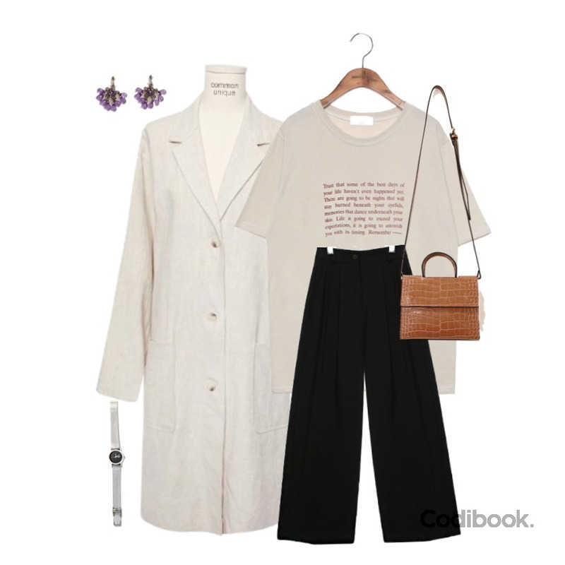 common unique [TOP] ENGLISH WISE SAYING 1/2 T,common unique [BOTTOM] EUROPEAN WIDE PINTUCK SLACKS,common unique [OUTER] SINGLE LINEN TWILL COAT등을 매치한 코디