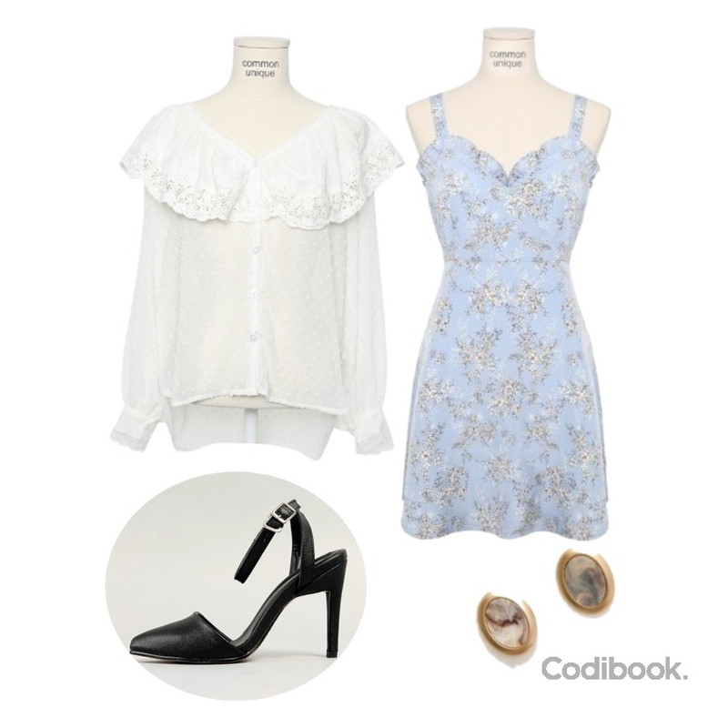 common unique [SHOES] MODERN STRAP HEEL,common unique [OPS] BLOSSOM FRILL BUSTIER OPS,common unique [TOP] LACE CAPE DOT CHIFFON BLOUSE등을 매치한 코디
