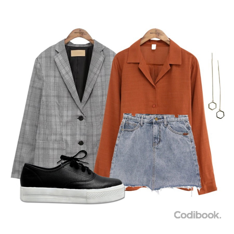 common unique [OUTER] 2 TYPE BOBO TAILORED JACKET,common unique [TOP] ANN COTTON V NECK SHIRTS,common unique [SKIRT] ROUGH CUT-OFF DENIM MINI SKIRT등을 매치한 코디