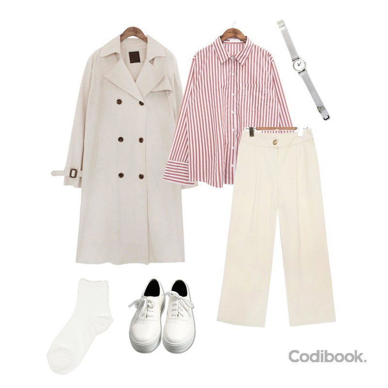 common unique [SHOES] SKIN SHOES,common unique [OUTER] CLASSIC CHIC TRENCH COAT,common unique [TOP] SHARP BOLD STRIPE CUFFS SHIRTS등을 매치한 코디