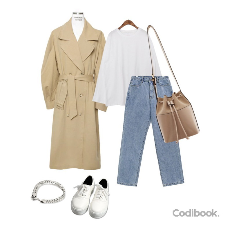 common unique [SHOES] SKIN SHOES,common unique [TOP] 8 COLOR BOY FIT T,common unique [OUTER] WIDE PUFF TRENCH COAT등을 매치한 코디