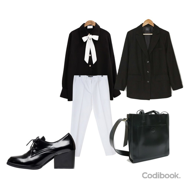 common unique [TOP] JEWELRY BUTTON TIE CHIFFON BLOUSE,OBBANG STYLE 데일리 일자슬랙스,BANHARU 3-button formal jacket등을 매치한 코디