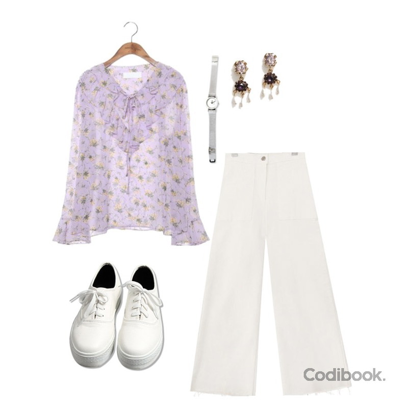 common unique [SHOES] SKIN SHOES,common unique [BOTTOM] VINTAGE CUTTING BANDING PANTS,common unique [TOP] FREESIA CHIFFON FRILL TIE BLOUSE등을 매치한 코디