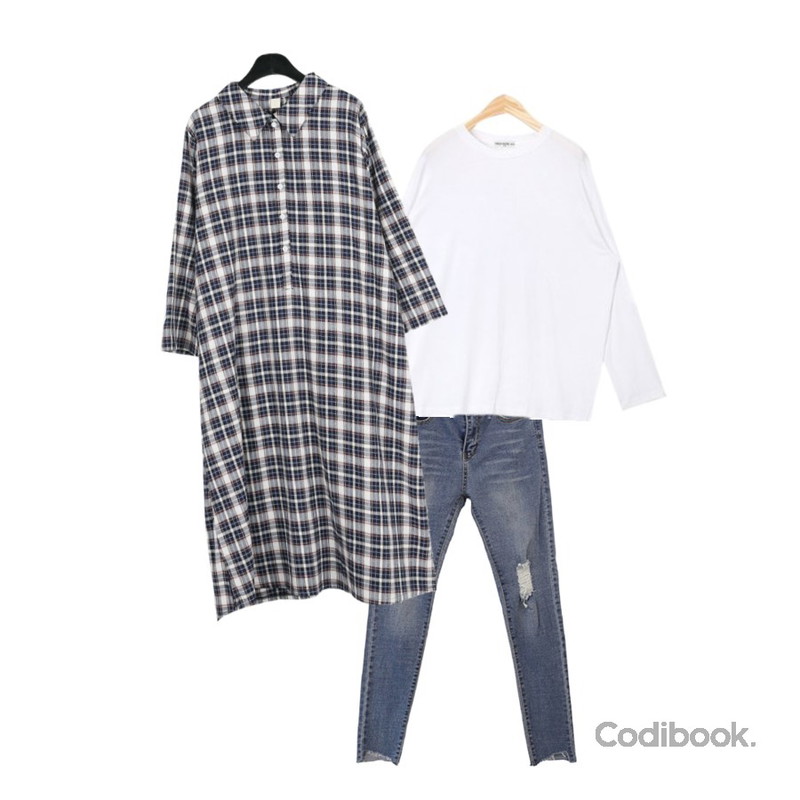 BLINGIT 사선컷팅워싱스키니,daily monday Vintage check shirts one-piece,AIN FRESH A cool round T등을 매치한 코디
