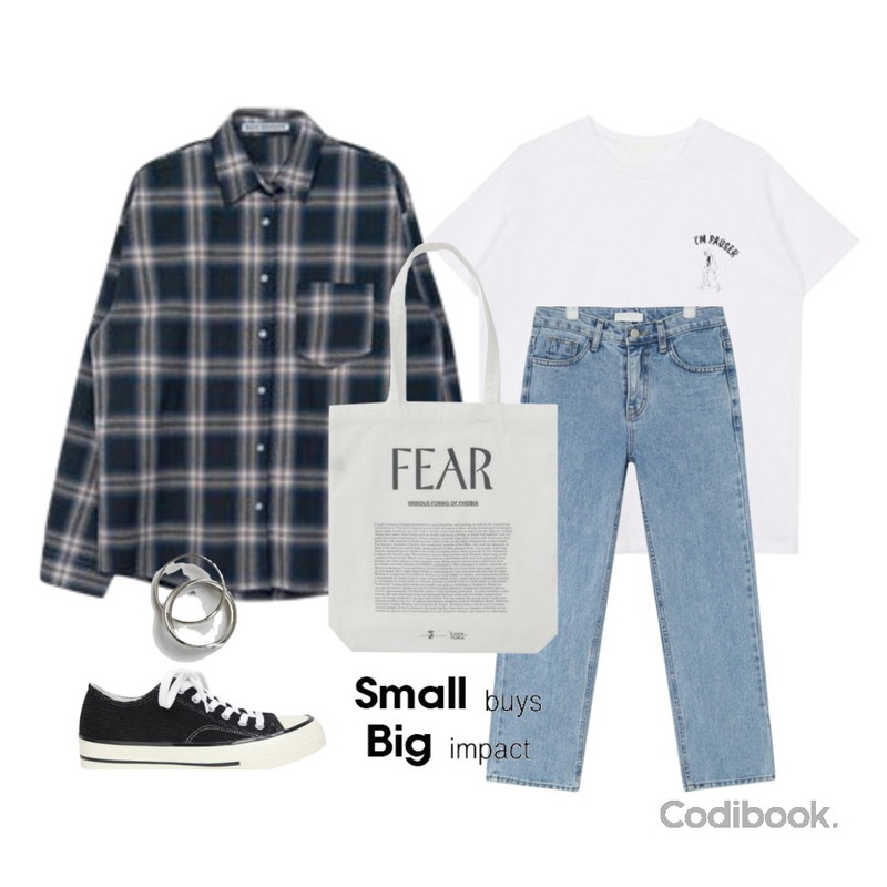 AIN duly straight denim pants (s, m, l),MIXXMIX 모션 체크 셔츠,biznshoe Pauser tee (3color)등을 매치한 코디