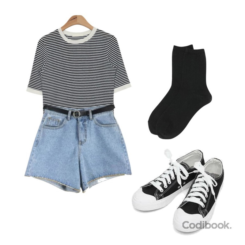 AIN soft narrow-stripe T (3 colors),DOOP 메리 벨트 숏팬츠,AIN basic monday sneakers (230-250)등을 매치한 코디