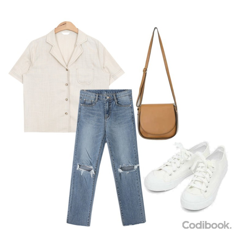 AIN BLUE SET 06,AIN apple shoulder bag,Reine 문문 데미지 데님 팬츠등을 매치한 코디