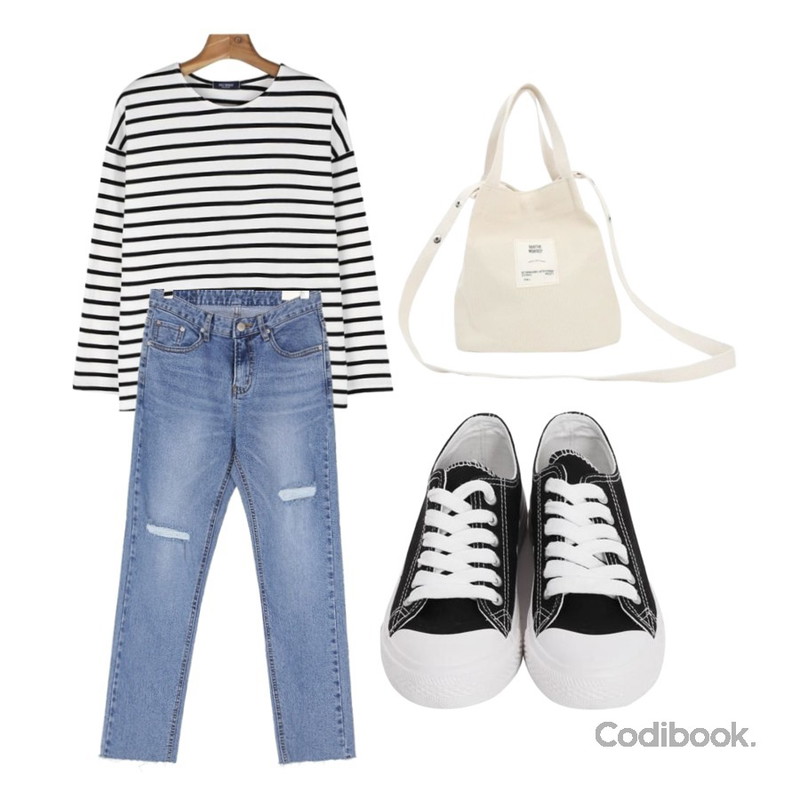 daily monday Daily stripe tee,myblin 깜찍 미니 캔버스 백,UPTOWN HOLIC 카운드 pants등을 매치한 코디