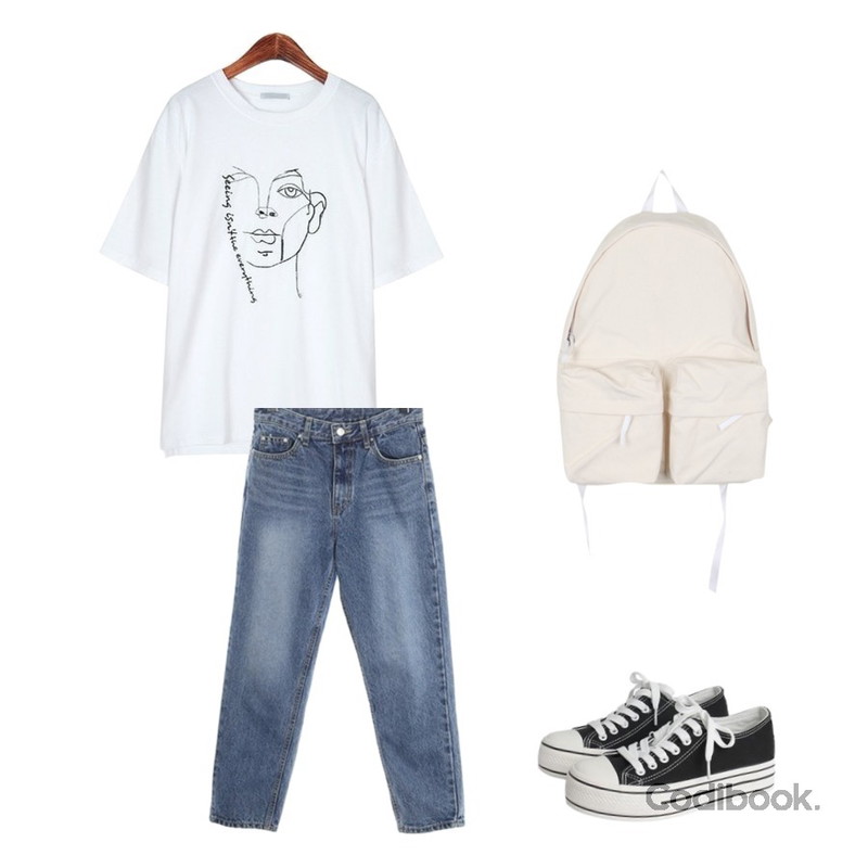 Monobabie [RK1499] 토이튼4cm,ROCOSIX main boyfit denim PT,ROCOSIX 드로잉 자수 티셔츠등을 매치한 코디