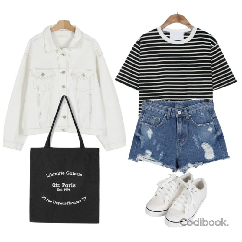 somedayif coucourtney denim jacket (2colors),BULLANG GIRL 다름과새로움청P,common unique [TOP] TOY COLORING STRIPE 1/2 T등을 매치한 코디