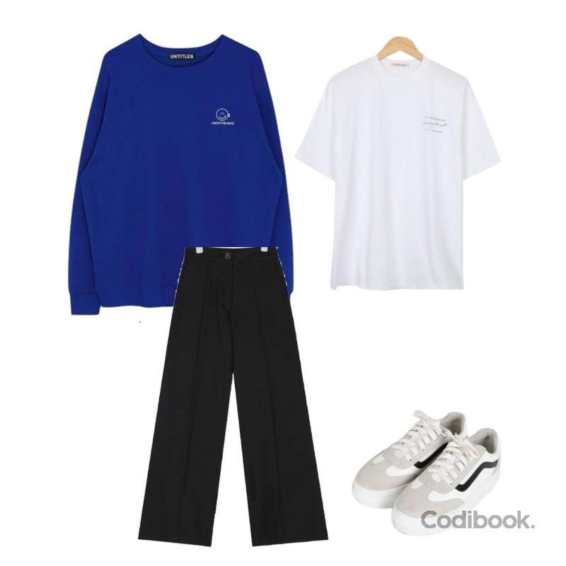 MIXXMIX Arrest The Noise Sweat Shirt,AIN codi wide cotton pants (s, m),AWAB 센트레터링라운드티등을 매치한 코디