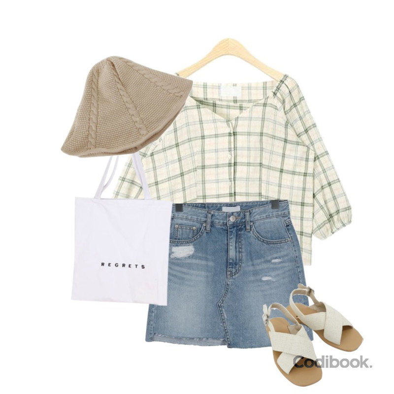 AIN melody v-neck puff blouse,daily monday Natural cross strap sandals,From Beginning Under damage denim skirt_K (size : S,M,L)등을 매치한 코디