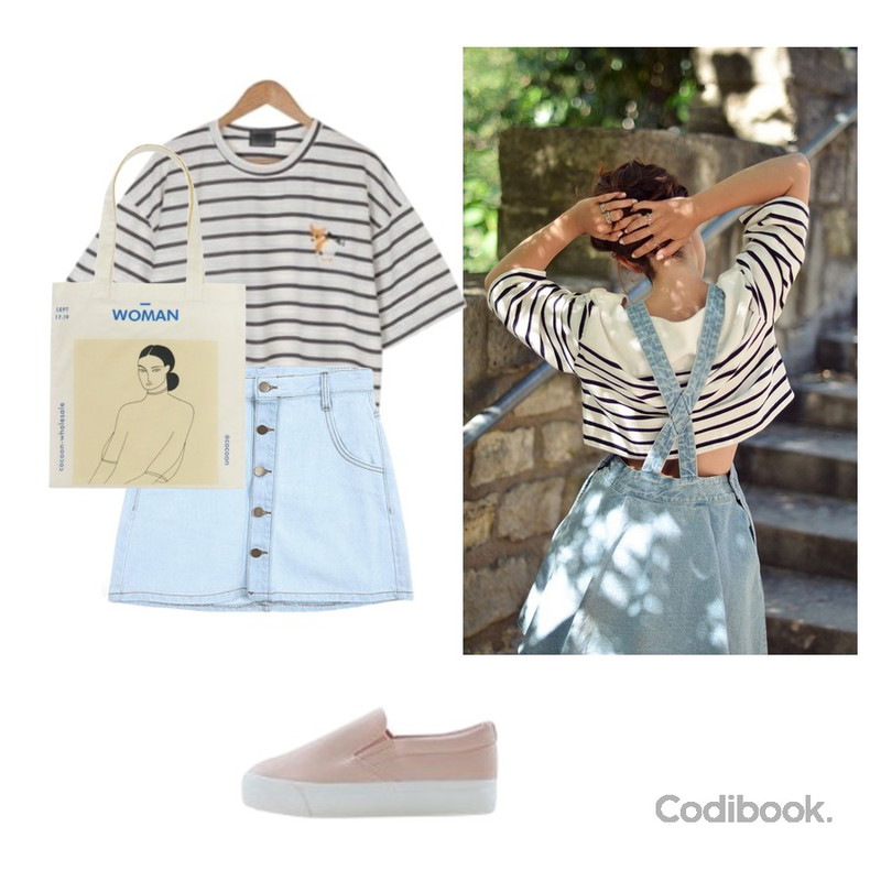 stripe,Zemma World 북스토어 (denim sk),BULLANG GIRL 궁딩이코기단가라반팔T등을 매치한 코디