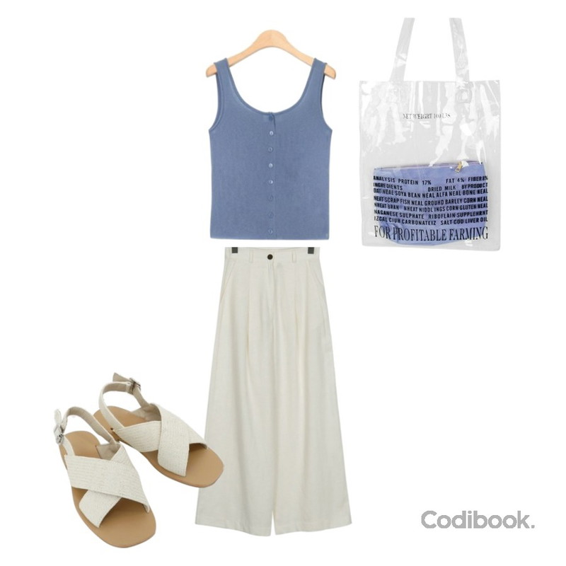 AIN simple front button knit sleeveless,daily monday Natural cross strap sandals,From Beginning Nostalgia linen wide pants_S (size : S,M)등을 매치한 코디