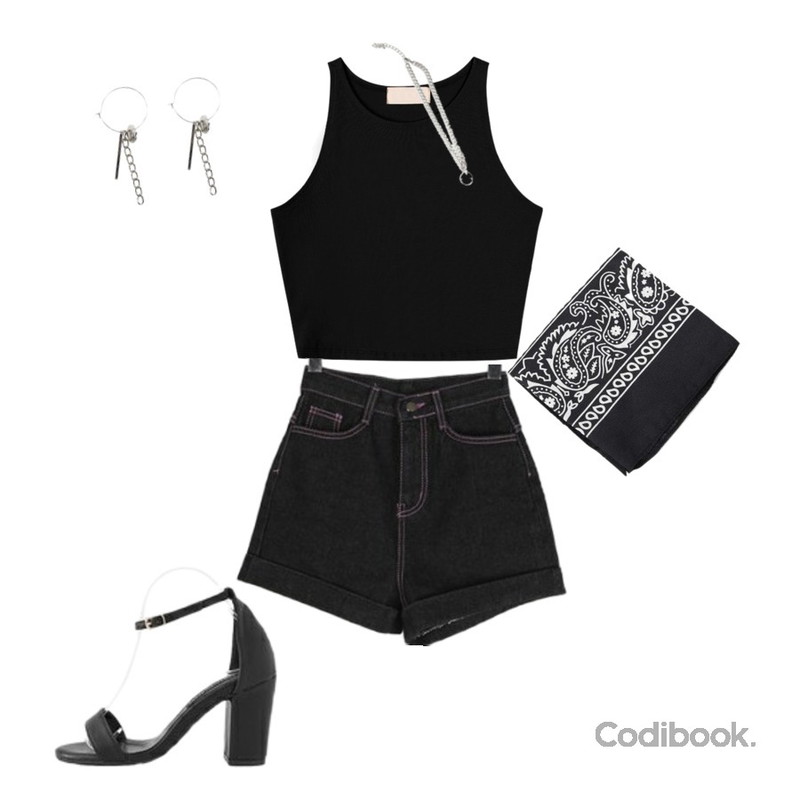 biznshoe Crop sleeveless (3color),BULLANG GIRL 핫핑스티치데님P,ROCOSIX 페이즐리 스카프등을 매치한 코디