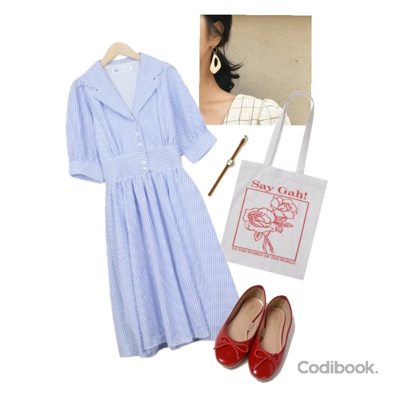 HAEPP 빌리 - 귀걸이,myblin 우아한 스트라이프 원피스,From Beginning Rose frame cotton bag_H (size : one)등을 매치한 코디