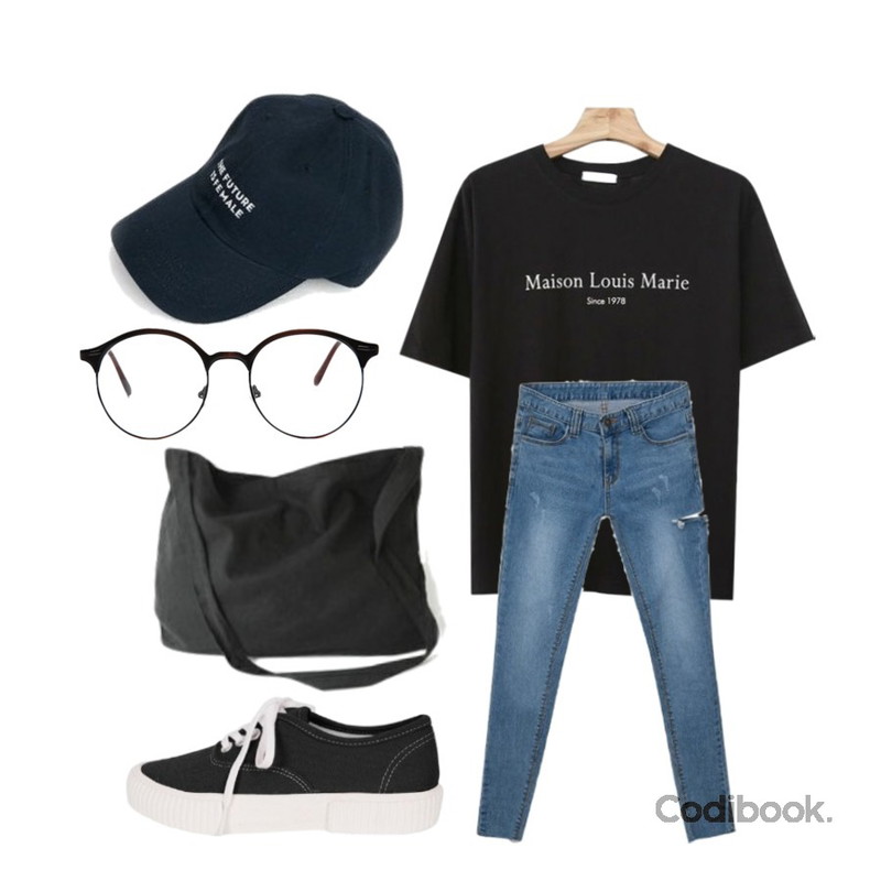 MIXXMIX Back Damage Denim Pants,AIN female ball cap,Zemma World Louis-프린팅티셔츠 [size:44~통통66 / 4color]등을 매치한 코디