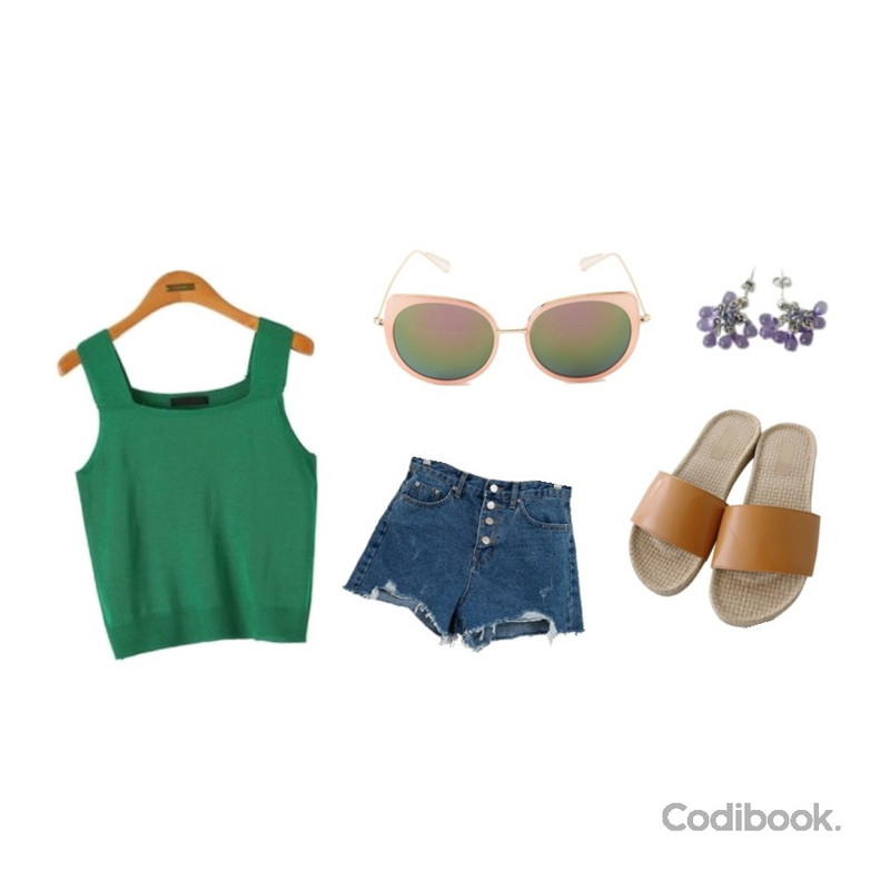 Zemma World Base-말랑슬리퍼[size:230~250 / 8color],HAEPP 카린 - 버튼 데님팬츠,Reine 로이벨 스퀘어 슬리브리스등을 매치한 코디