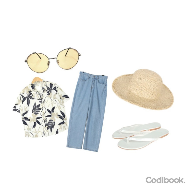 AIN palm tree summer half shirts,daily monday Button wide long denim,ROCOSIX 데일리 컬러 슬리퍼등을 매치한 코디