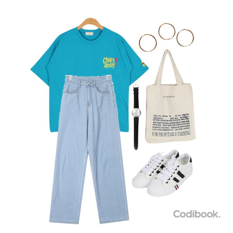 BULLANG GIRL 칩스아호이T,BULLANG GIRL 스포라인운동화,AIN ade denim wide pants (s, m)등을 매치한 코디