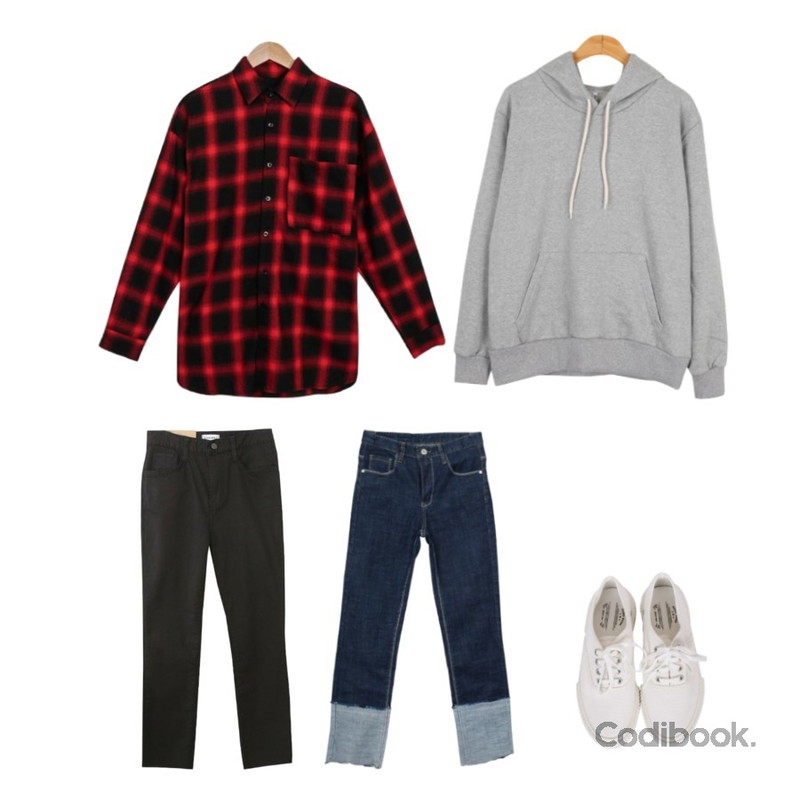 BULLANG GIRL 쭈리홀릭 후드티(7컬러),GIRLS RULE [남여공용] 스쿨 후드 체크남방 (nb519),Zemma World 2018 Cheese black jean (ver.썸머블랙일자컷)[size:S,M,L,XL / 1color]등을 매치한 코디