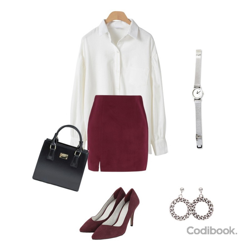 AIN suede stiletto heel (3 colors),MIXXMIX 모모 트임 스커트,OBBANG STYLE 아주르벌룬기모셔츠등을 매치한 코디