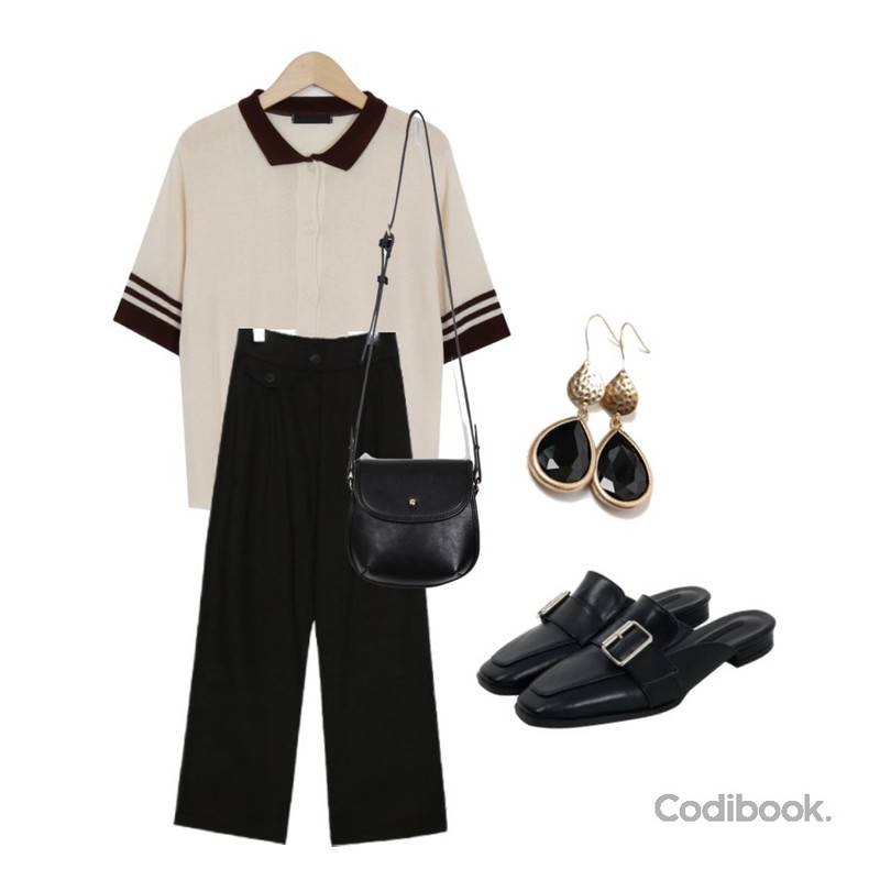 From Beginning Square buckle bloafer_H (size : 230,235,240,245,250),common unique [BOTTOM] FLAP POCKET WIDE BANDING PANTS,From Beginning Chloe collar knit_H (size : free)등을 매치한 코디