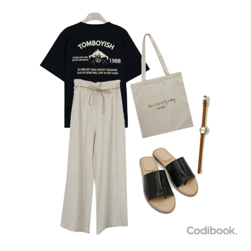GIRLS RULE 1988 삐삐 반팔티 (t4515),Zemma World Something eco (bag),AWAB 아델린넨와이드팬츠등을 매치한 코디