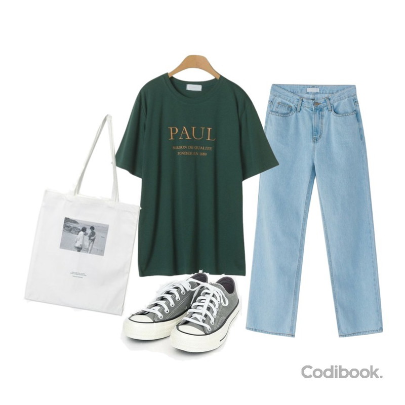 BANHARU light color straight jean,AIN coloring canvas sneakers (225-250),OBBANG STYLE 포폴 레터링 반팔티셔츠등을 매치한 코디
