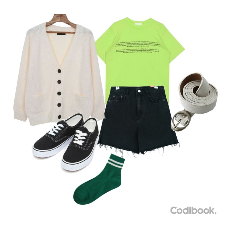 Zemma World Bridge-베이직가디건[size:44~66 / 5color],biznshoe Minimal lettering tee (3color),GIRLS RULE 워싱 슬릿 숏 데님 (pt1418)등을 매치한 코디