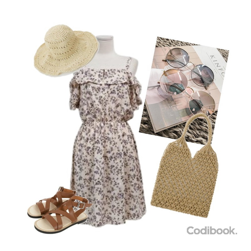 daily monday Natural cool paper hat,HAEPP 디엔나 - 끈원피스,ROCOSIX 레이첼 스트랩 샌들등을 매치한 코디
