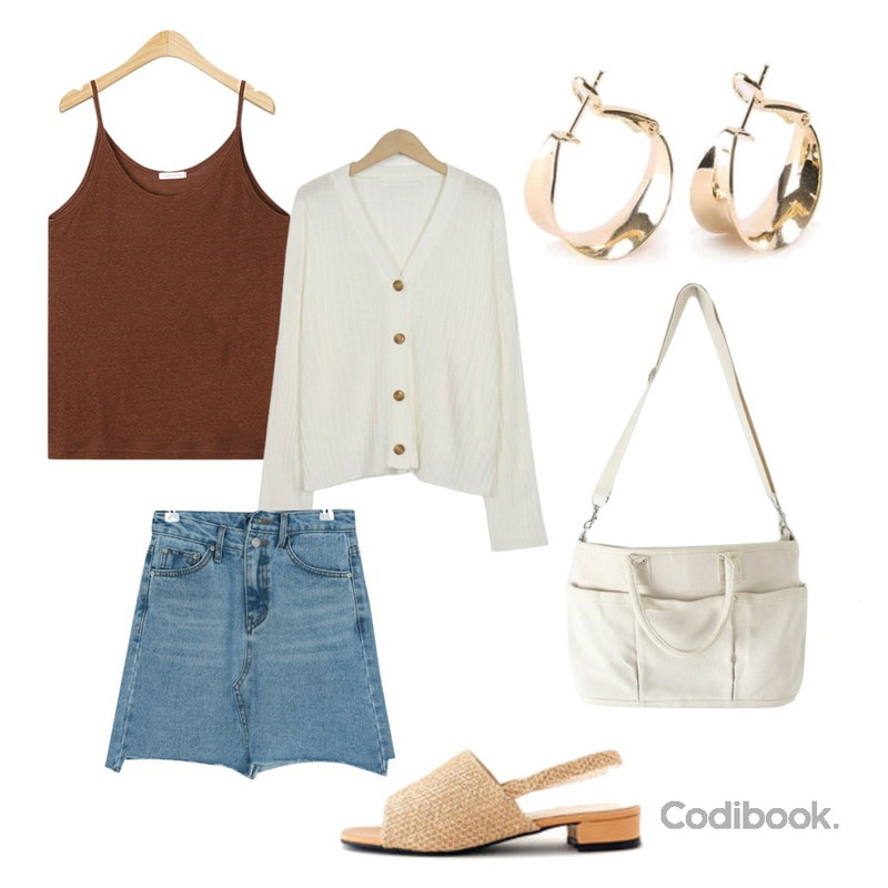 From Beginning Need v-neck golgi cardigan_S (size : free),AIN berry linen sleeveless,GIRLS RULE 유니크 버튼 데님스커트 (sk1264)등을 매치한 코디