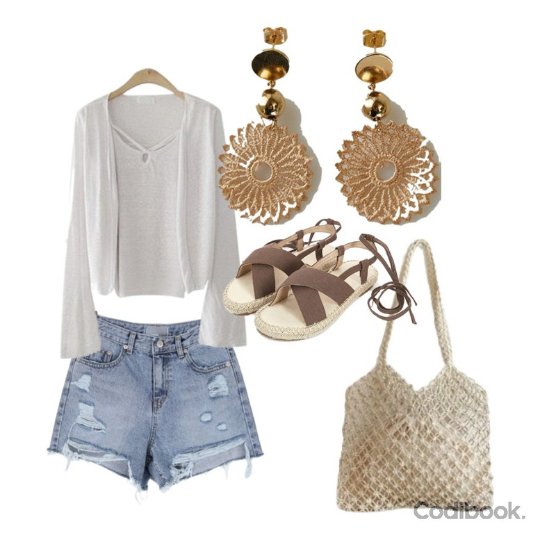 ENVYLOOK 페미린넨가디건세트,AFTERMONDAY frenchy mood net bag,BULLANG GIRL 무빙데님워싱숏P등을 매치한 코디