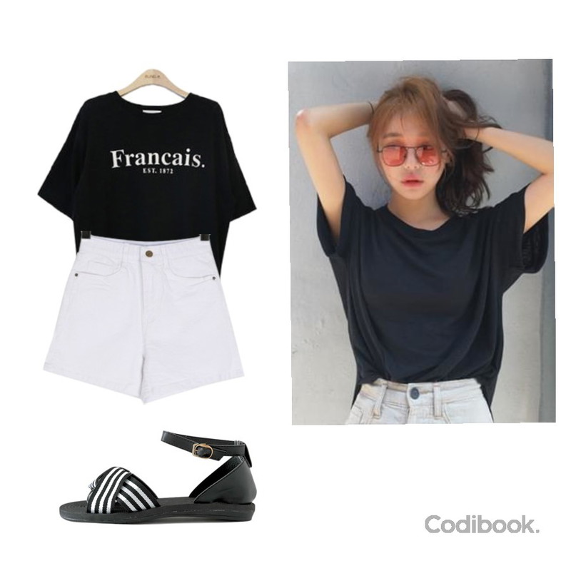 BULLANG GIRL 럽유얼밴딩숏P,MOREDAY 롤업 린넨 반팔티 (5color),BLINGIT 프랑수아레터링티등을 매치한 코디