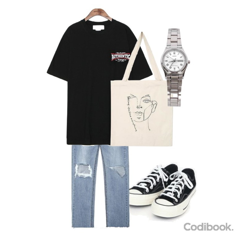 common unique [BOTTOM] WIDEN DAMAGE DENIM PANTS,common unique [TOP] AUTHENTIC LETTERING BOXY 1/2 T,AIN coloring canvas sneakers (225-250)등을 매치한 코디
