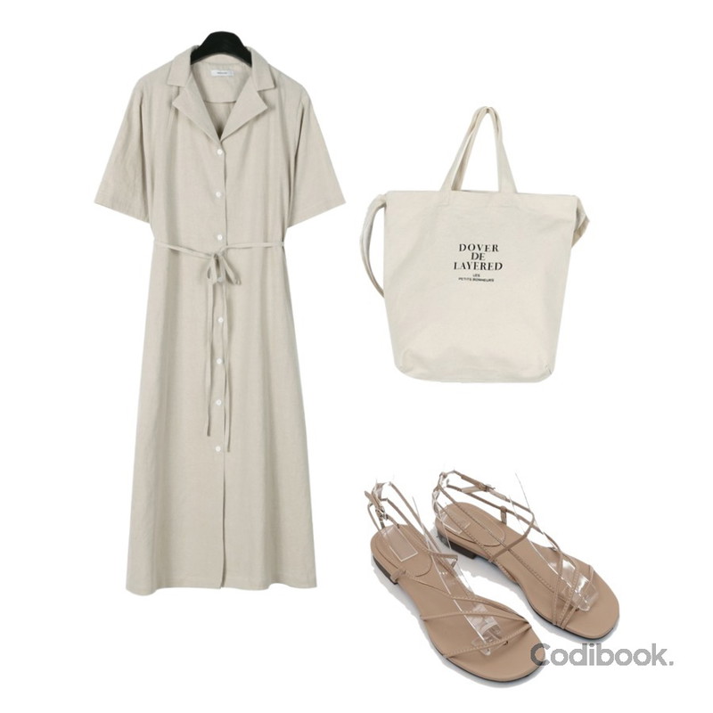 daily monday Solid two way canvas bag,daily monday Daily collar linen long dress,daily monday Flimsy line sandals등을 매치한 코디