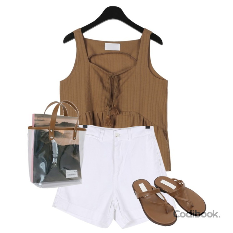 daily monday Tassel drape sleeveless,daily monday Natural cotton half pants,daily monday Mix line slipper등을 매치한 코디