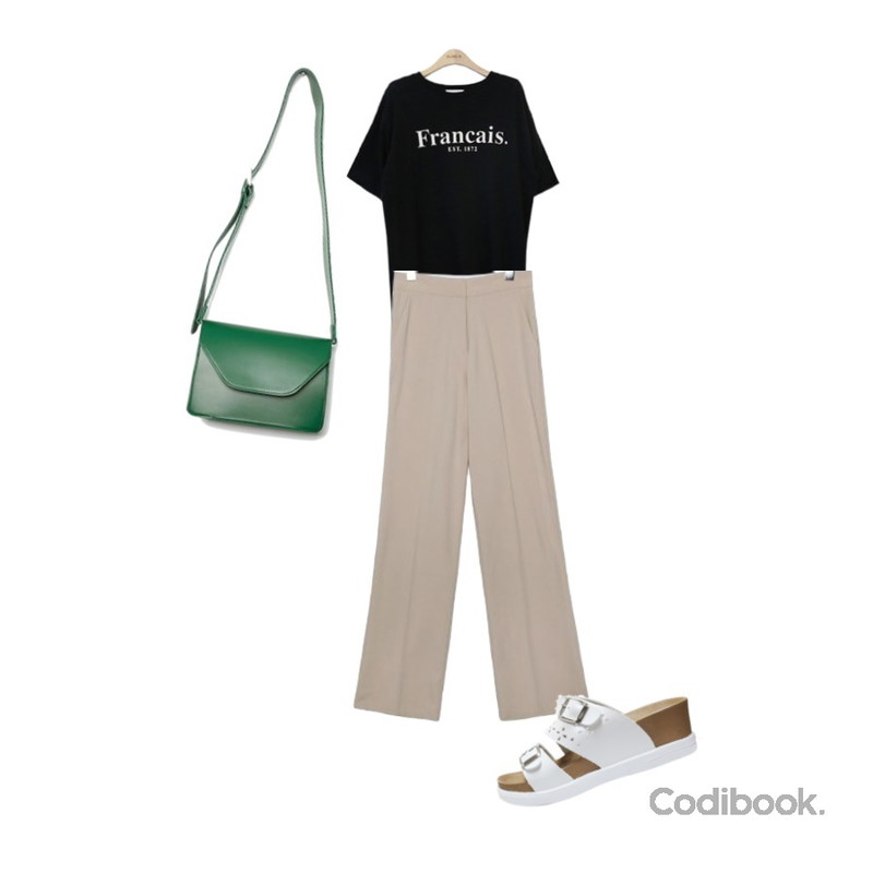 LOVELY SHOES 투야 통굽 슬리퍼 5.5cm,common unique [BOTTOM] BASIC THIN STRAIGHT SLACKS,BLINGIT 프랑수아레터링티등을 매치한 코디