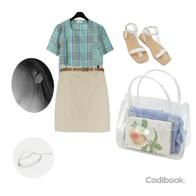 daily monday Formal h-line belt skirt,daily monday Casual button check blouse,daily monday Cool strap point sandals등을 매치한 코디